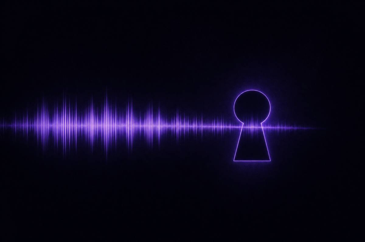 Violette Audio-Wellenform, die durch ein leuchtendes Schlüsselloch aus Licht fließt: erst dein API-Schlüssel öffnet den Weg