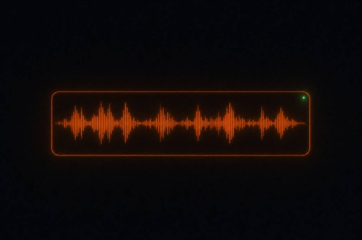 Orange leuchtende Audio-Wellenform, vollständig eingeschlossen in einem leuchtenden Rahmen mit grünem Status-Punkt: dein Signal bleibt im Gerät
